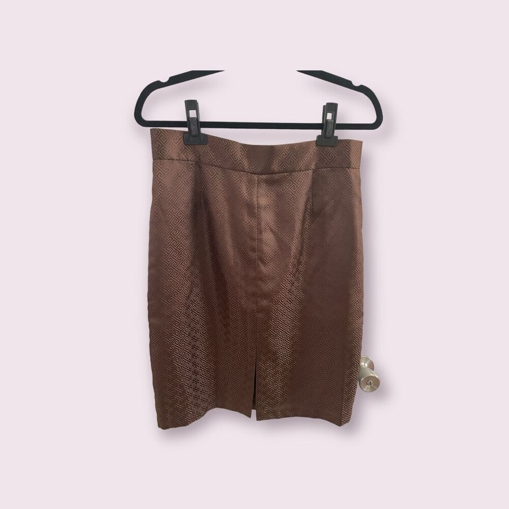 Vivienne Tam Brown Satin Greek Key Skirt with Front Slit - Petite Medium